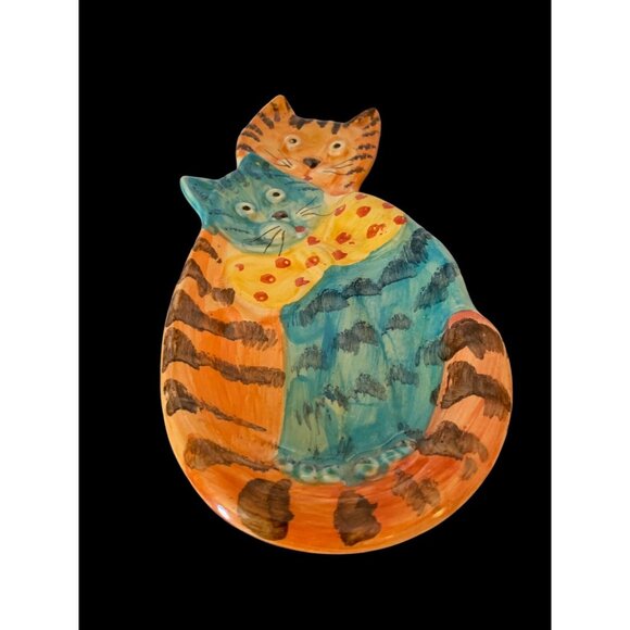 Vintage Pair of Cats Red ware Ceramic Dish Wall Art Hand painted 9.5" x 5" Italy - Picture 2 of 8